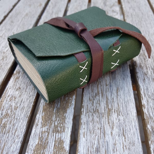 Sketchbook, Travel Journal "Forest", dark green leather with coffe coloured tie