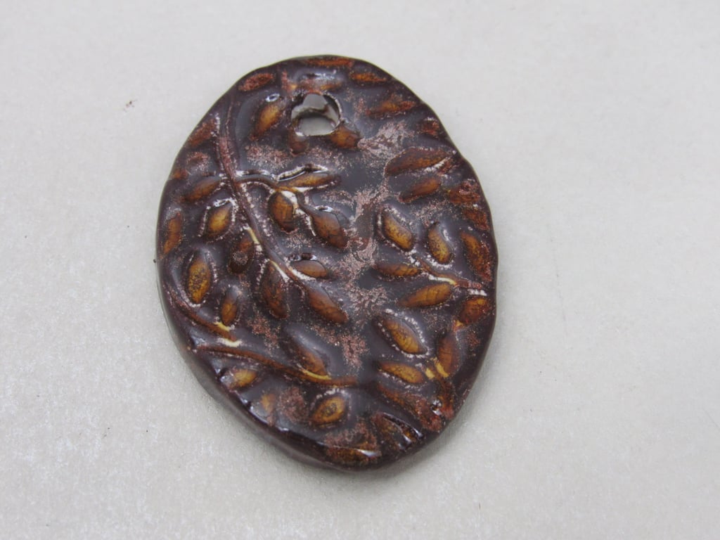 Large Dark Copper Leaf Sprig Ceramic Pendant