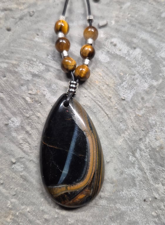 Blue Yellow Tiger Eye teardrop pendant
