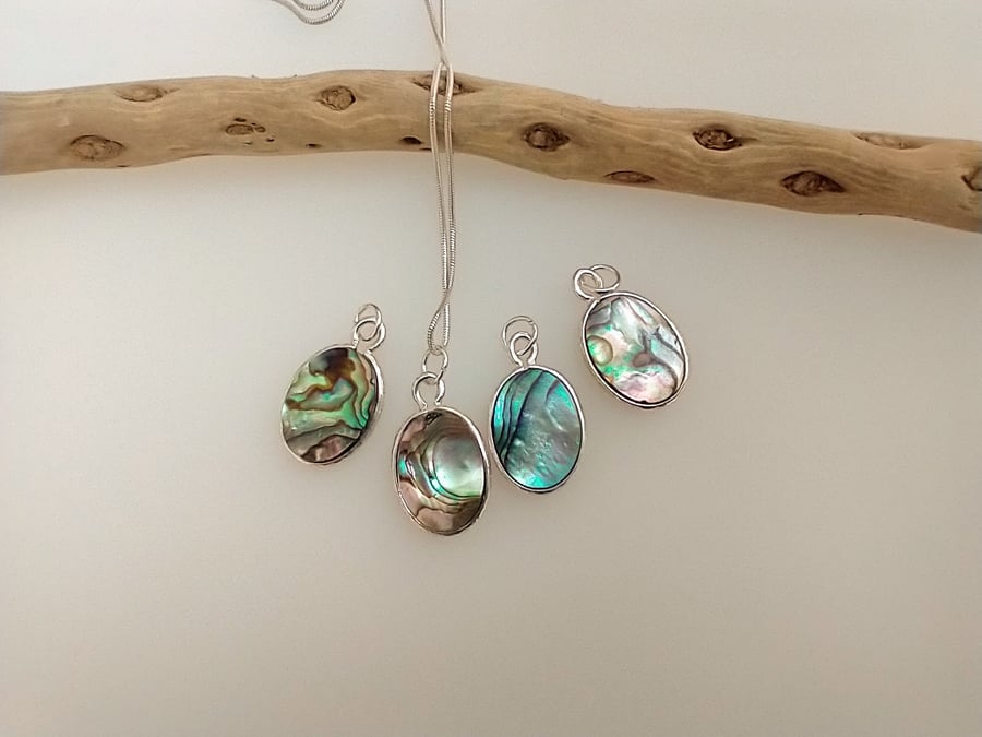 Abalone Paua Shell Cabachon in Sterling Silver Bail Necklace 
