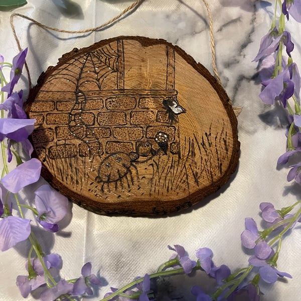 Pyrography- Dot the fairy meets Mr Spider 