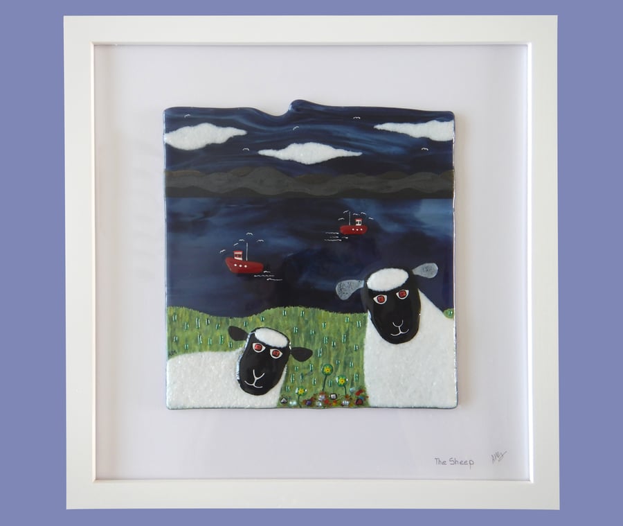 Handmade Fused Glass 'The Two Sheep' Picture