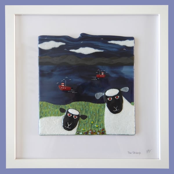 Handmade Fused Glass 'The Two Sheep' Picture