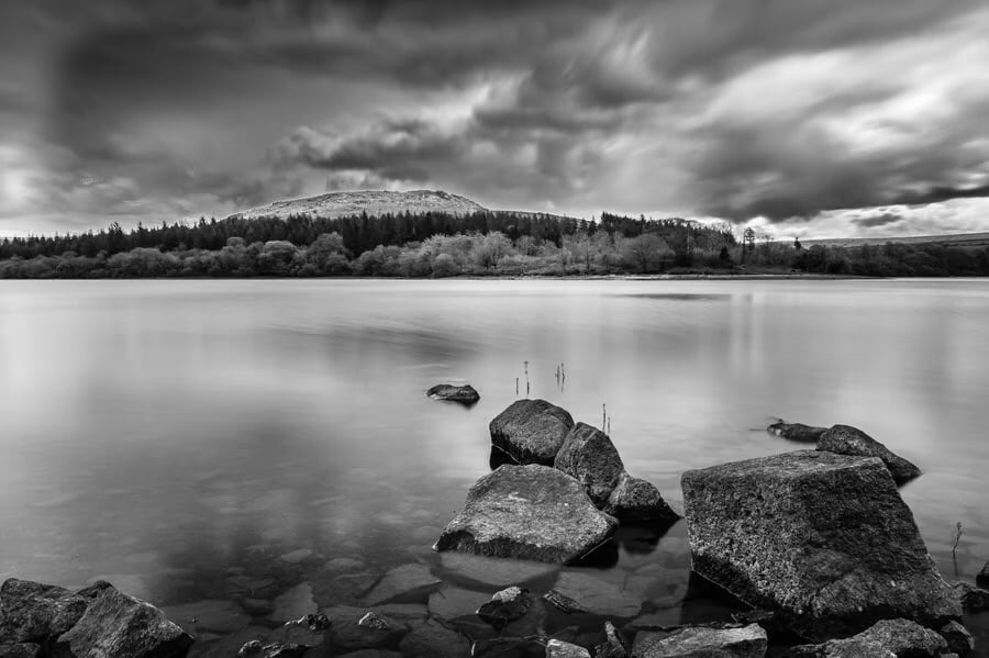 Sheeps Tor from Burrator Reservoir, Dartmoor - photographic black & white print