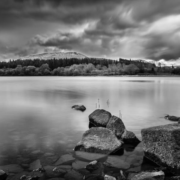 Sheeps Tor from Burrator Reservoir, Dartmoor - photographic black & white print