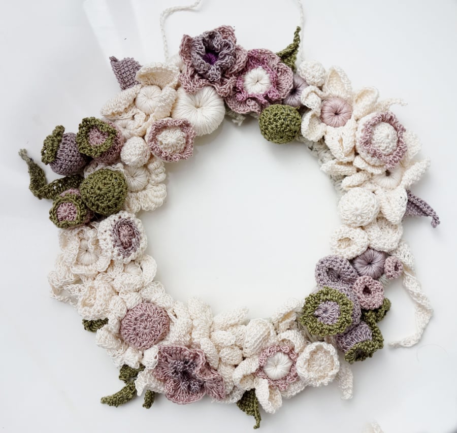 Crochet Wreath decorated with flowers and buds - pure cotton yarn