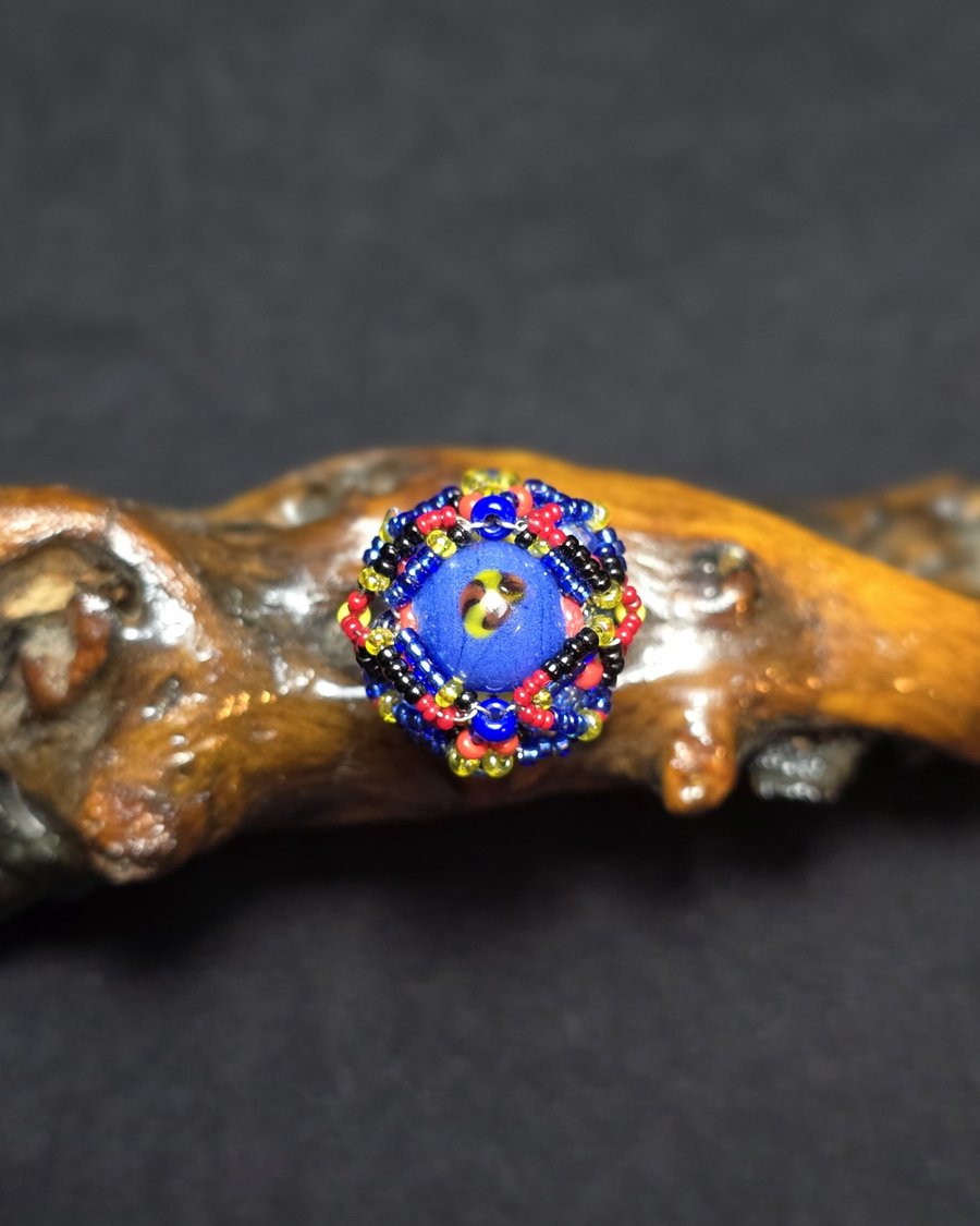 Blue Red Yellow Glass Adjustable Ring