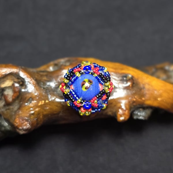 Blue Red Yellow Glass Adjustable Ring