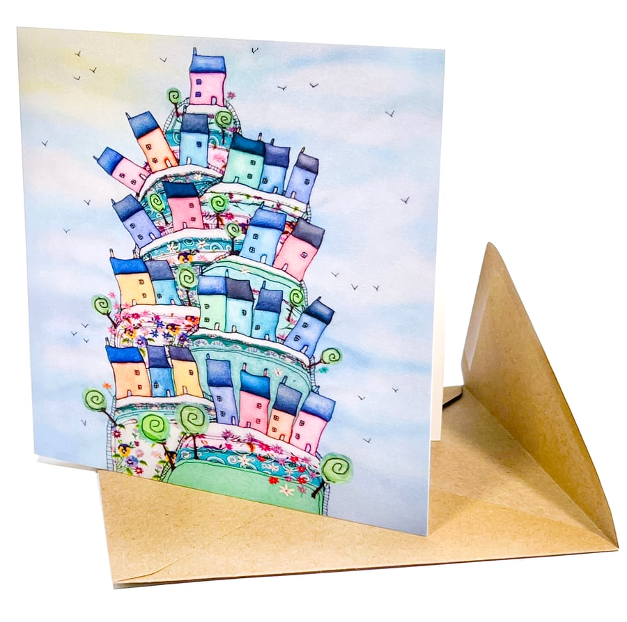 Whimsical Colourful Houses Greeting Card - Blank Inside with Envelope