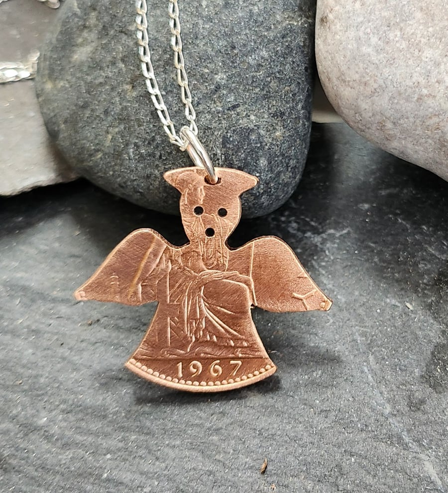 Upcycled Guardian Angel pendant pierced from 1967 penny coin