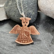 Upcycled Guardian Angel pendant pierced from 1967 penny coin