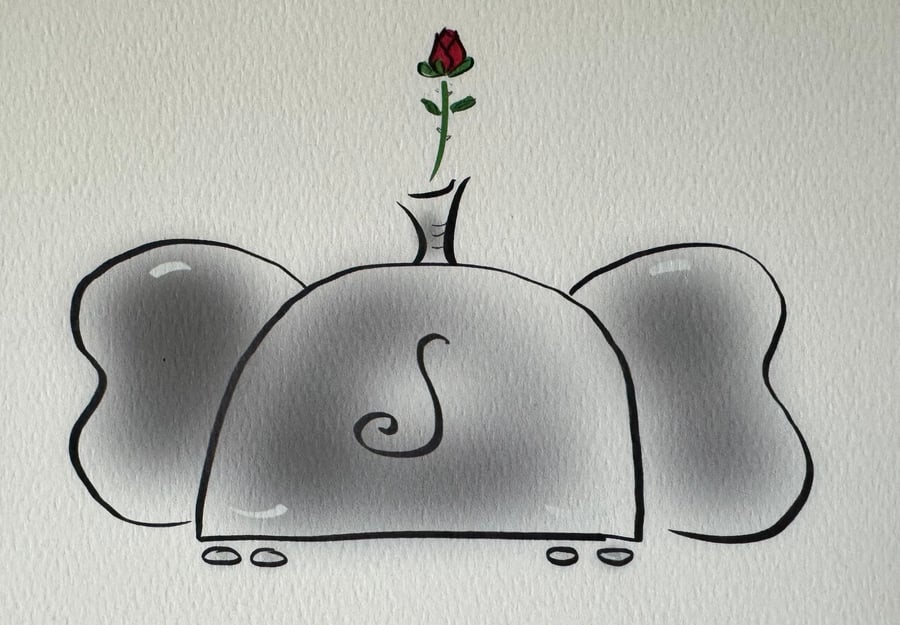 Elephant with Rose, Birthday Card for Month of June. 