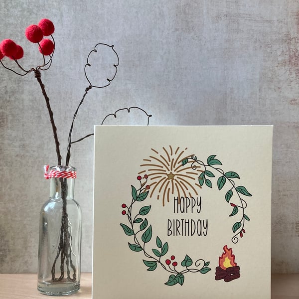 November Birthday - Hand painted birthday card - Bonfire and fireworks