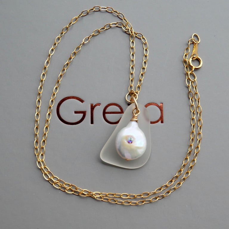 Sea Glass and Coin Pearl Pendant - 18 inch Gold Filled Cable Chain 