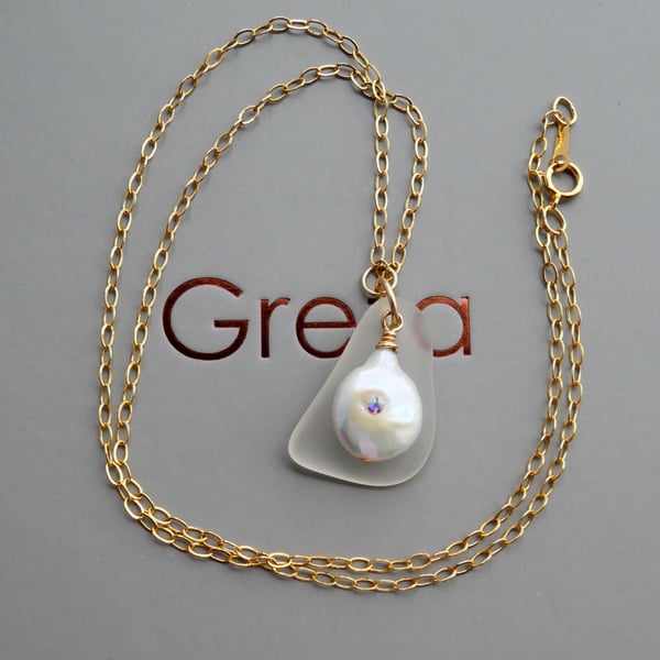 Sea Glass and Coin Pearl Pendant - 18 inch Gold Filled Cable Chain 