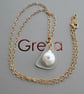 Sea Glass and Coin Pearl Pendant - 18 inch Gold Filled Cable Chain 