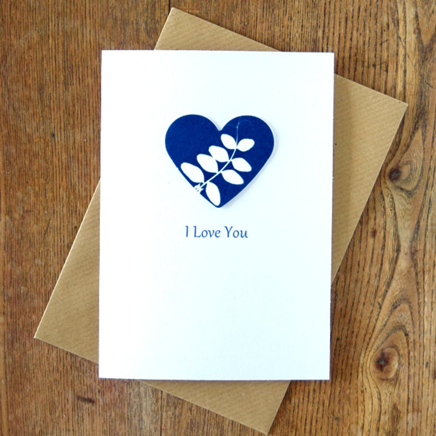 'I Love You' Card with Indigo Blue Cyanotype Vetch Heart
