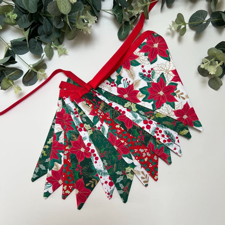 Handmade Fabric Christmas Bunting: 12 Flags: Poinsettia, Holly & Berries