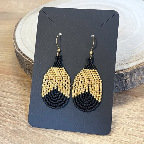 Gold and black beadwork teardrop earrings