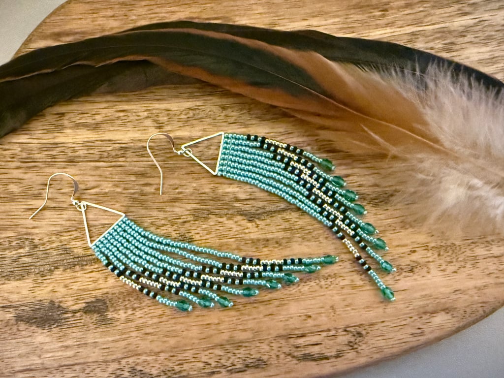 Long beadwork fringe earrings in turquoise, black and silver