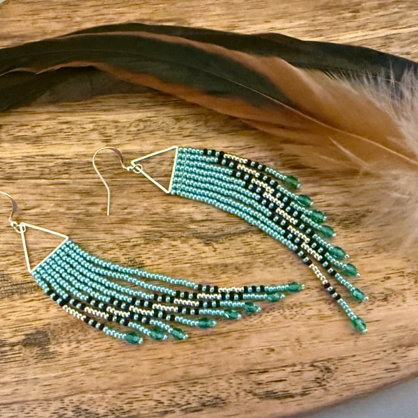 Long beadwork fringe earrings in turquoise, black and silver