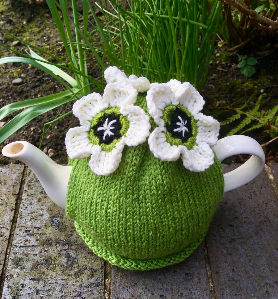 Lime Green Tea Cosy with Cream Flowers