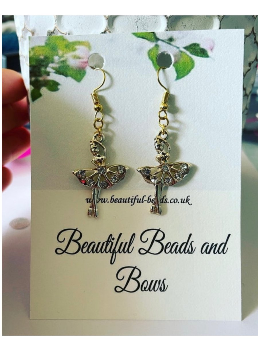 Goldtone ballerina drop earrings rhinestone pendant earrings