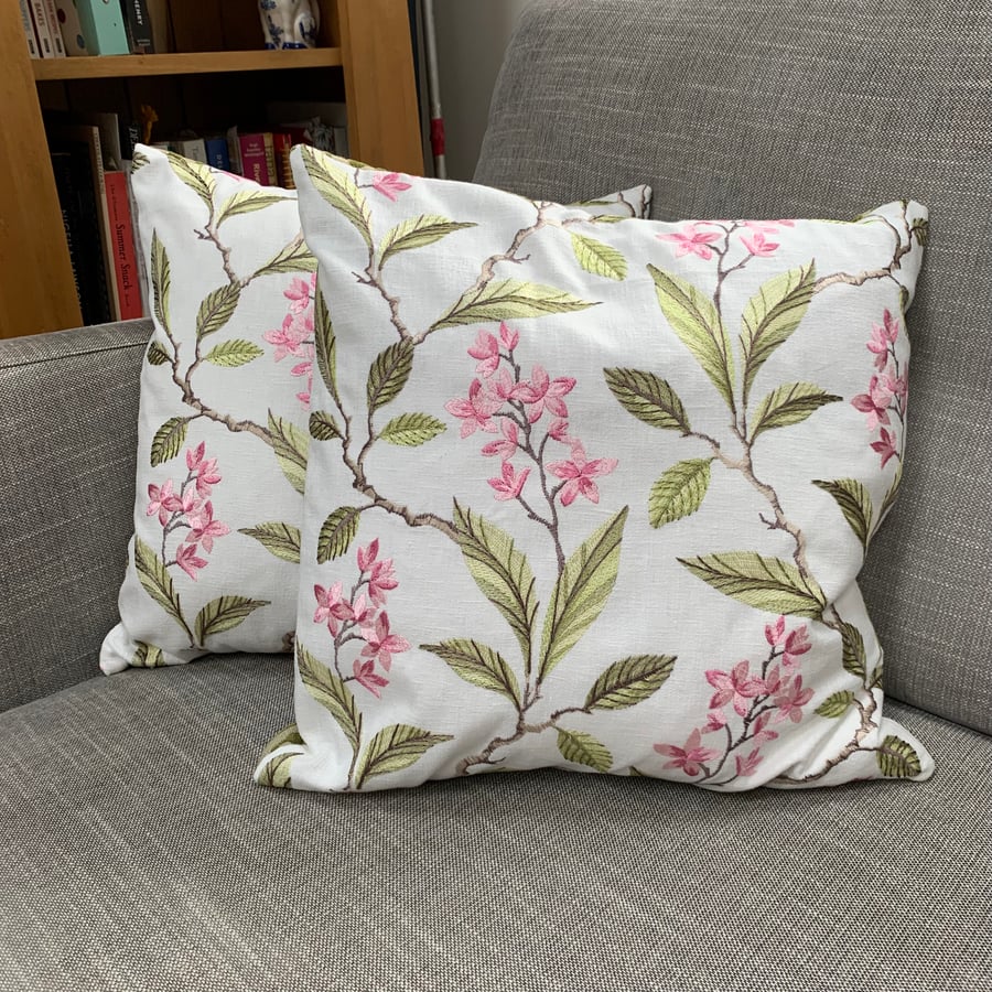 Spring blossom embroidered linen cushion cover