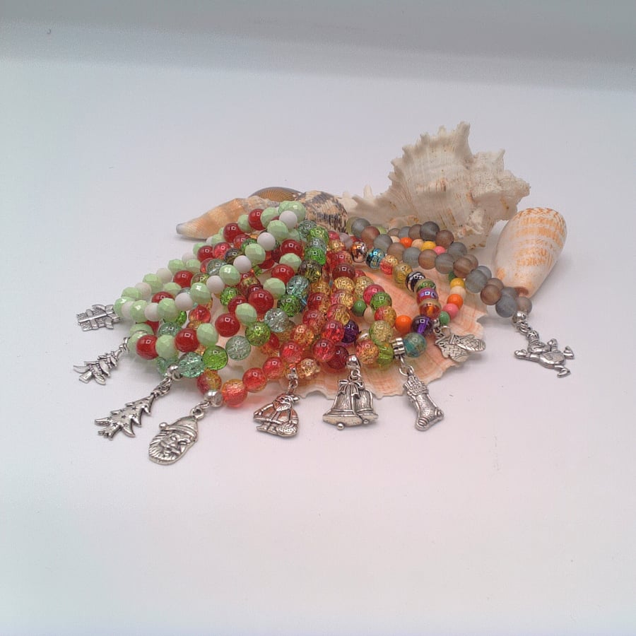 Christmas Themed Stretch Bracelets with Beads & Charms,  Secret Santa, Christmas