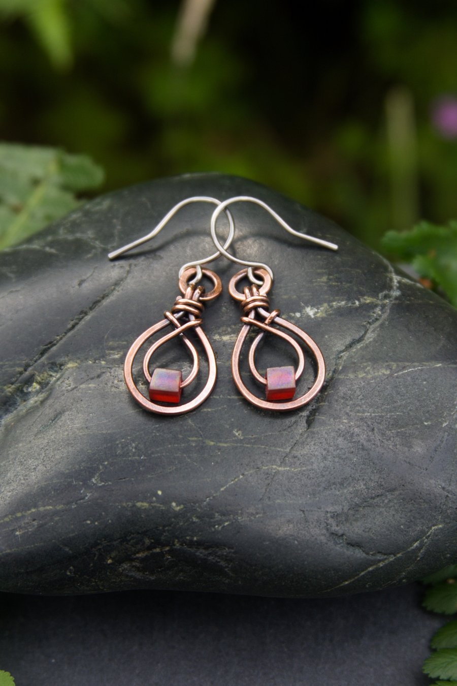 SALE - Copper Teardrop Earrings with Glass Cubes