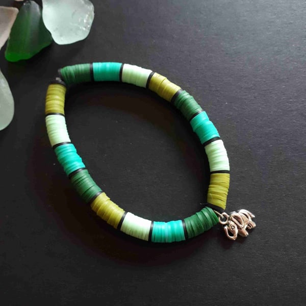 Elephant Charm Green Clay Beaded Stretch Bracelet. Length 17.8cm. Safari. A60