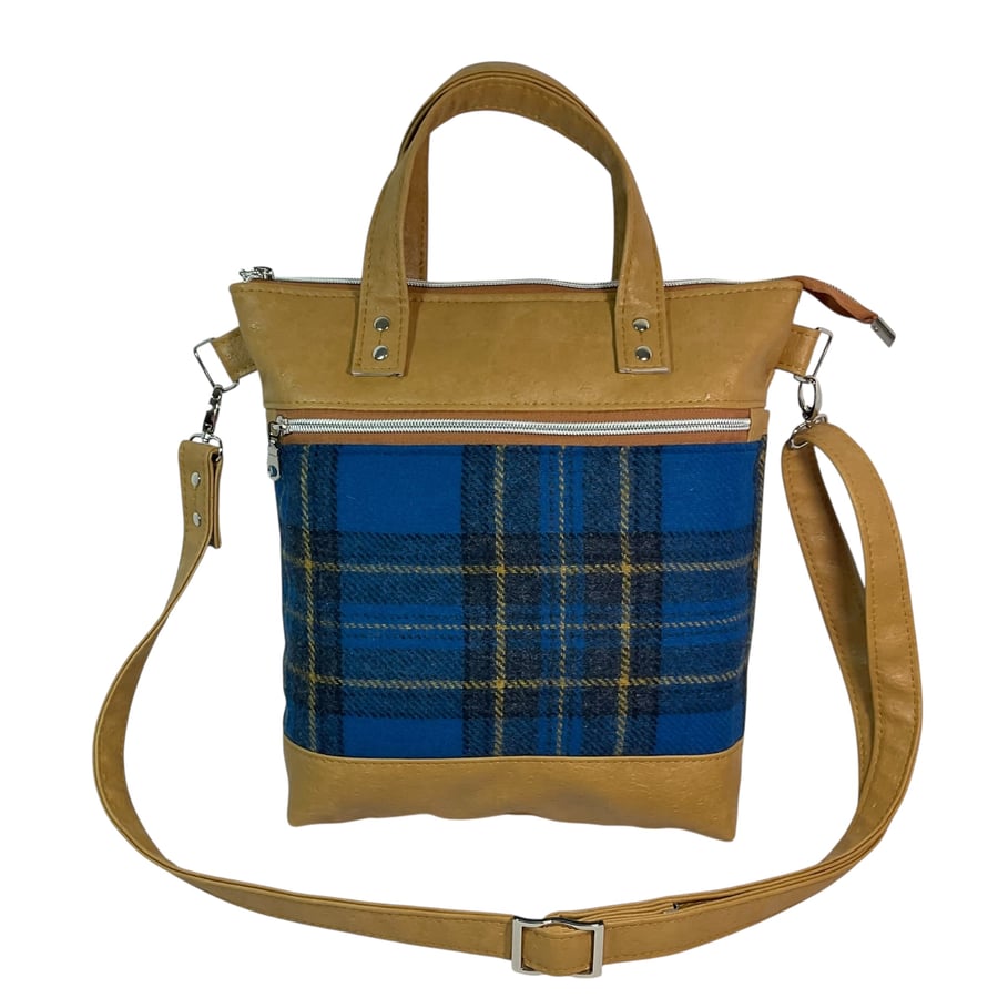 handbag in faux leather and tartan British wool, carry handles tote, medium size