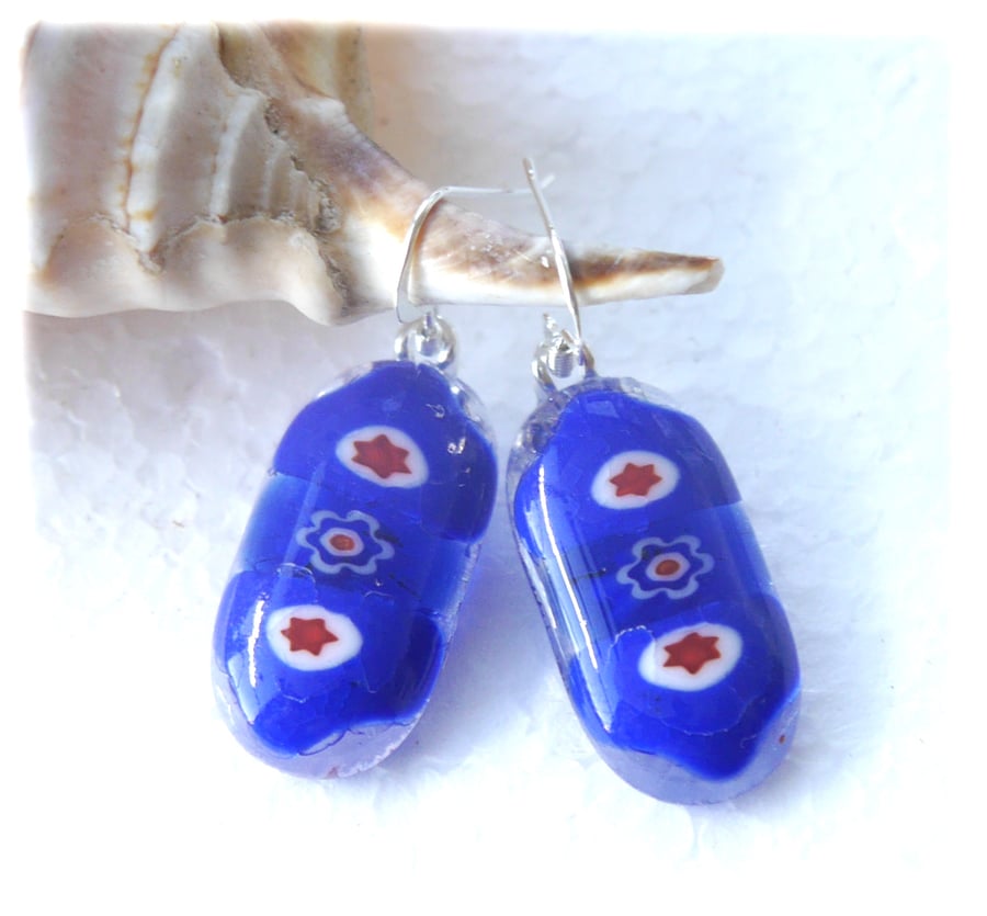 Earrings Fused Glass Millefioiri Handmade M008 Blue Flowers