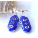 Earrings Fused Glass Millefioiri Handmade M008 Blue Flowers