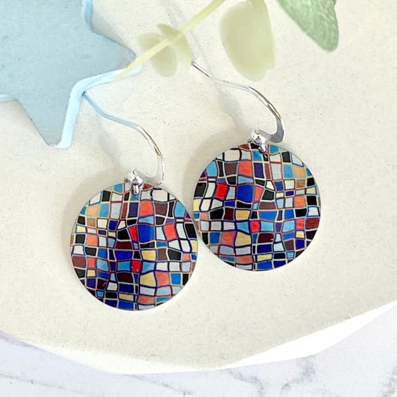  Drop earrings, multi coloured discs dangle on sterling silver ear wires (245)