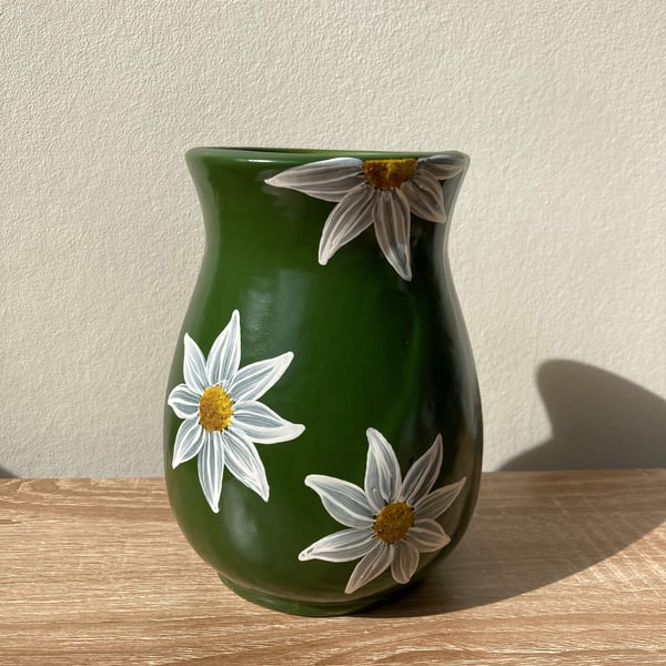 Hand-Painted Olive Green Daisy Vase