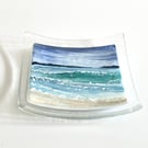 Hand painted enamel fused glass seascape small dish