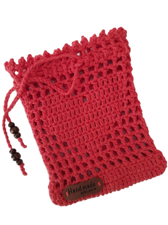 Red Crochet Pouch, Handmade Cotton Heart Gift Bag,Small Crochet Drawstring Pouch