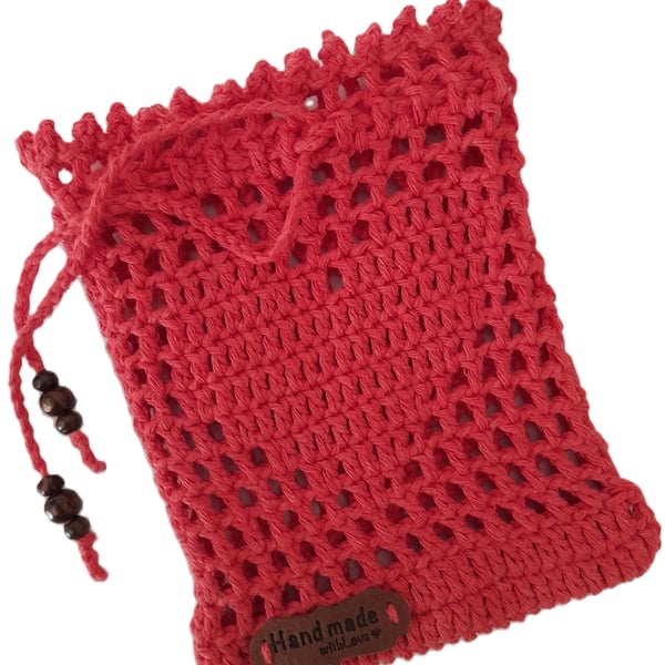 Red Crochet Pouch, Handmade Cotton Heart Gift Bag,Small Crochet Drawstring Pouch