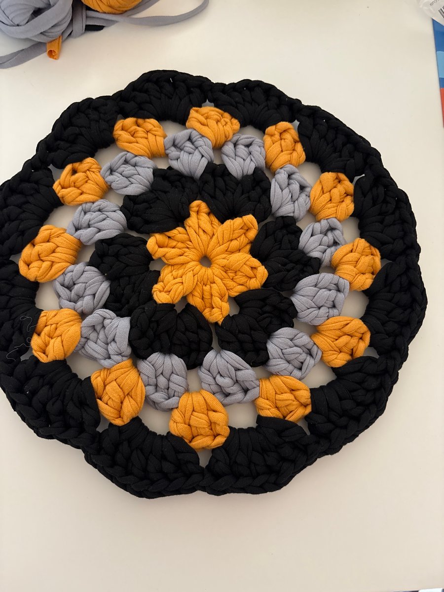 Handmade crochet round Doily , Black and grey and mustard 