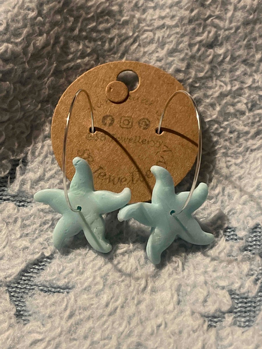 Handmade Polymer Clay Blue Marble Hoops Earrings (30mm Hoop)