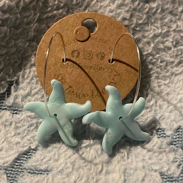 Handmade Polymer Clay Blue Marble Hoops Earrings (30mm Hoop)