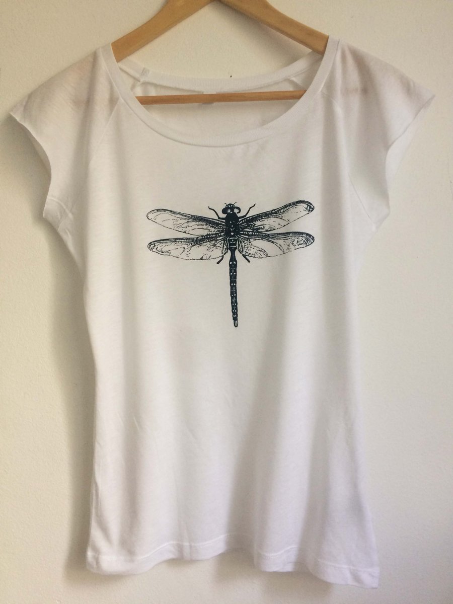  Dragonfly womens white T shirt white bamboo and organic cotton dark blue print