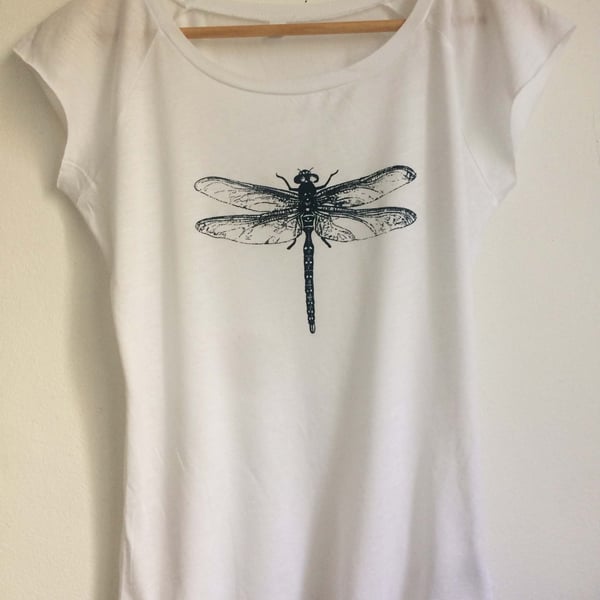  Dragonfly womens white T shirt white bamboo and organic cotton dark blue print