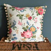 Reclaimed vintage floral square rose cushion cover with velvety pompoms
