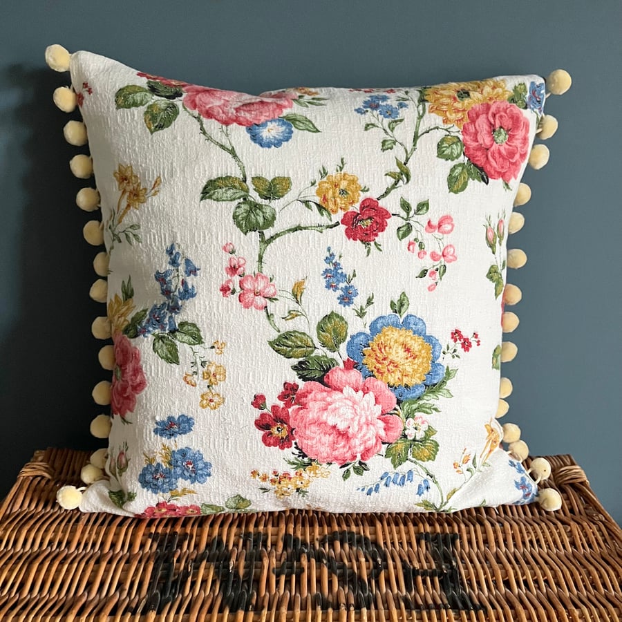 Reclaimed vintage floral square rose cushion cover with velvety pompoms