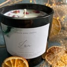 Love scented soy candle, warm amber fragrance, with dried rose petals