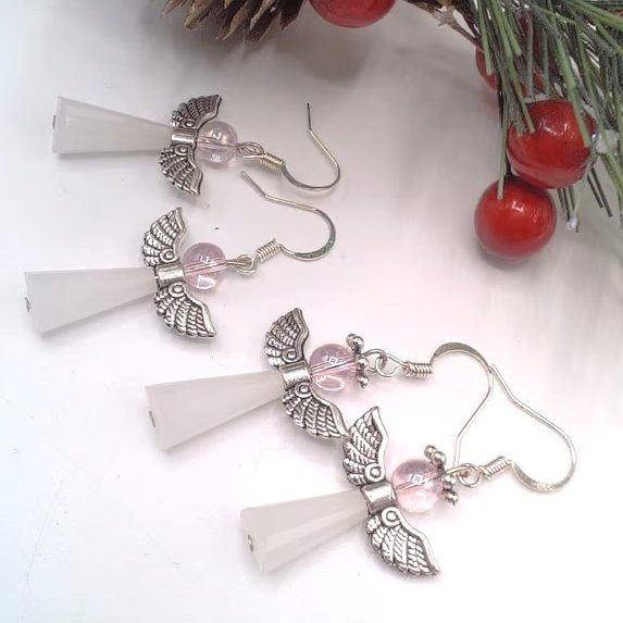 Pink and White Beaded Christmas Angel Earrings, Secret Santa, Christmas Earrings