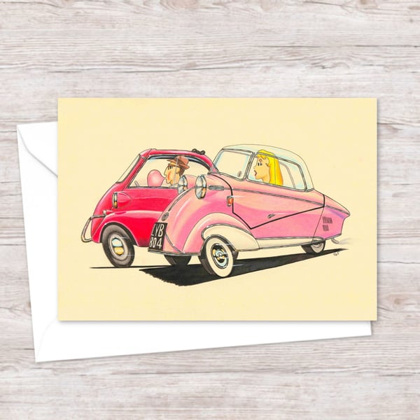 Fifties Bubble Cars Greeting Card: Hand Drawn Illustration (318)