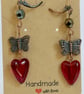 Handmade Copper Butterfly & Ruby Red Glass Heart Earrings